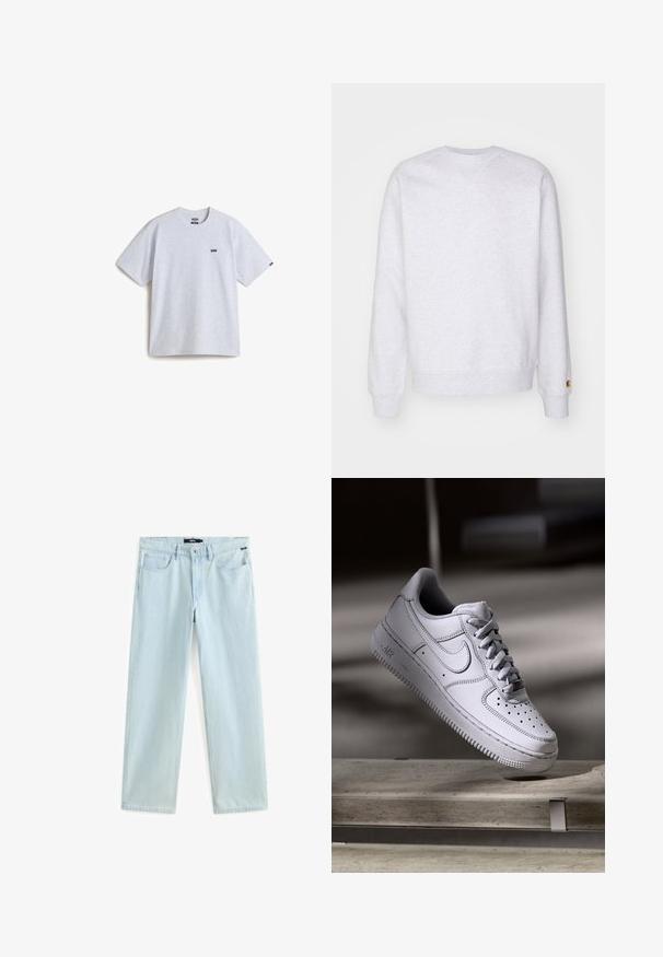 Helles graues Sweatshirt mit Rundhalsausschnitt, langen Ärmeln, gerippten Bündchen und einem kleinen Logo-Patch nahe dem Saum. Aus weichem Stoff gefertigt.; Helles graues T-Shirt mit kurzen Ärmeln aus Baumwolle, das ein kleines schwarzes Logo auf der Brust und einen Rundhalsausschnitt aufweist. Einfaches Design, keine Muster.; Hellblaue Jeans aus Denim mit geradem Bein, ausgestattet mit einem Knopfflug, fünf Taschen und dezenten Nahtdetails.; Weißer Nike Air Force 1 Sneaker aus Leder mit perforierter Zehenpartie, flachen Schnürsenkeln und strukturierter Gummisohle mit "AIR"-Branding an der Seite.