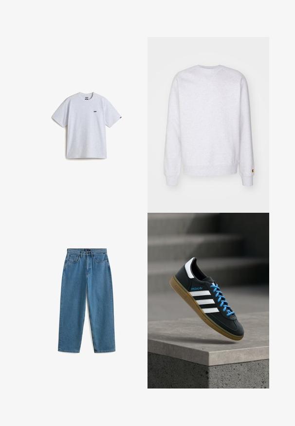 Helles graues Sweatshirt mit Rundhalsausschnitt, langen Ärmeln, gerippten Bündchen und einem kleinen Logo-Patch nahe dem Saum. Aus weichem Stoff gefertigt.; Helles graues T-Shirt mit kurzen Ärmeln aus Baumwolle, das ein kleines schwarzes Logo auf der Brust und einen Rundhalsausschnitt aufweist. Einfaches Design, keine Muster.; Blaue Jeans mit geradem Bein, vorderem Knopf- und Reißverschluss, fünf Taschen und Gürtelschlaufen, vor weißem Hintergrund gezeigt.; Schwarzer Adidas-Sneaker mit weißen Streifen, blauen Schnürsenkeln und Gummisohle, der über einer grauen Betontreppe im weichen Licht schwebt.