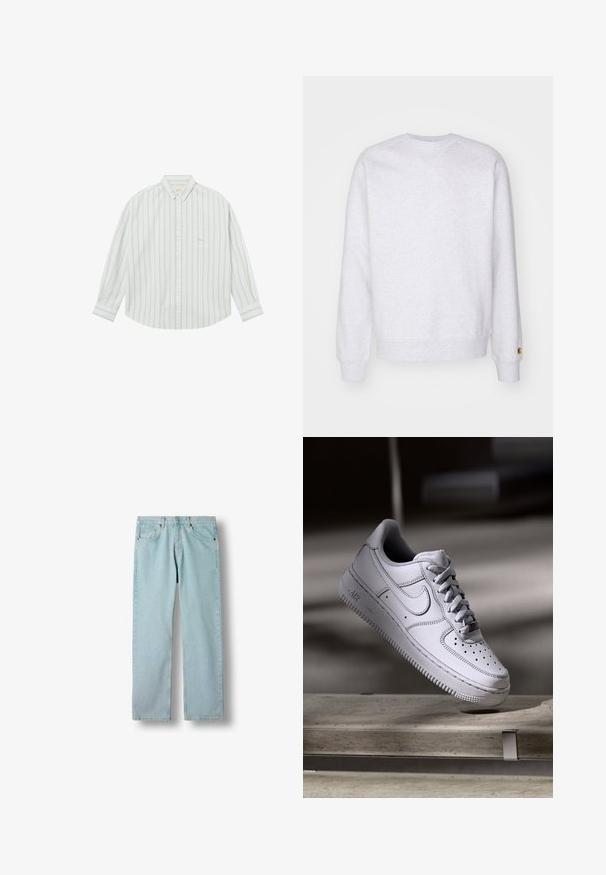 Sweatshirt gris clair avec un col rond, des manches longues, des poignets côtelés et un petit logo brodé près de l'ourlet. Fabriqué en tissu doux.; Chemise blanche à manches longues avec des rayures verticales gris clair et une poche poitrine, présentée à plat sur fond blanc.; Jean en denim bleu clair à jambes droites, avec poches avant, passants de ceinture et fermeture par bouton sur fond blanc.; La basket Nike Air Force 1 en cuir blanc présente un embout perforé, des lacets plats et une semelle en caoutchouc texturée avec le logo « AIR » sur le côté.