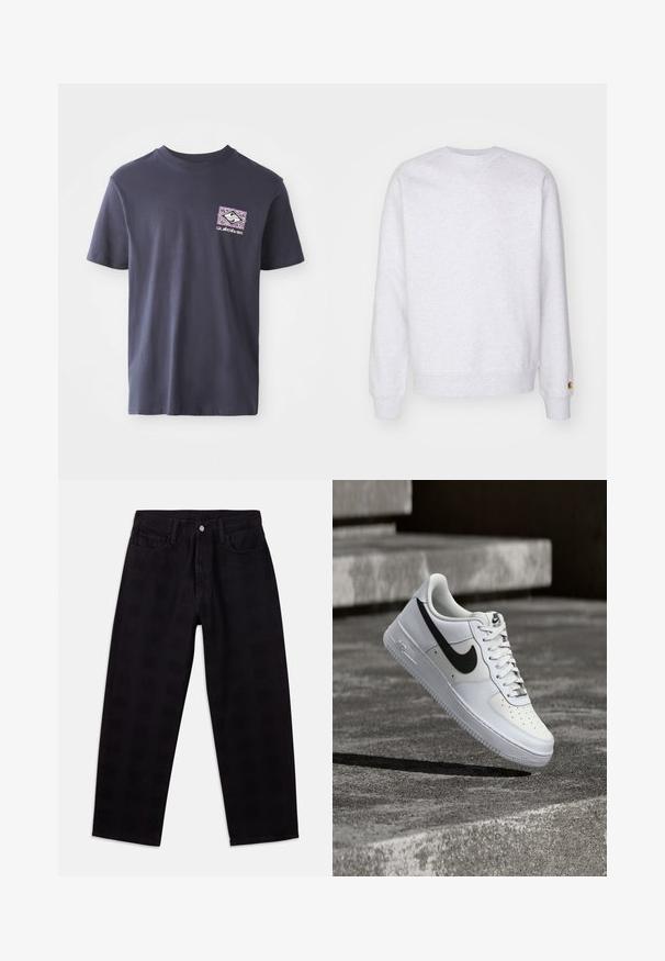 Lys grå sweatshirt med rund halsudskæring, lange ærmer, ribbede manchetter og et lille logo-patch nær kanten. Fremstillet af blødt stof.; Marineblå bomulds t-shirt med rund hals og korte ærmer. Har et geometrisk grafisk print i lilla og hvid på venstre bryst.; Sorte denimjeans med afslappet pasform, der har knaplukning, fem-lomme-design og et subtilt teksturmønster på tværs af stoffet.; Hvid Nike Air Force 1-sneaker med sort swoosh, snørebånd bundet, placeret i luften over tekstureret betonoverflade udendørs.