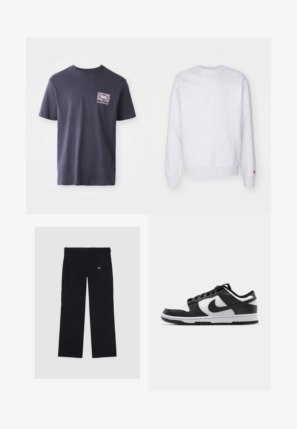 Helles graues Sweatshirt mit Rundhalsausschnitt, langen Ärmeln, gerippten Bündchen und einem kleinen Logo-Patch nahe dem Saum. Aus weichem Stoff gefertigt.; Marineblaue Baumwoll-T-Shirt mit Rundhalsausschnitt und kurzen Ärmeln. Mit einem geometrischen Grafikdruck in Lila und Weiß auf der linken Brust.; Schwarze Cargo-Hosen aus Baumwolle mit mehreren Taschen, einer glatten Textur und einem Logo-Patch auf der rechten hinteren Tasche.; Schwarze und weiße Nike Dunk Sneakers mit einem Obermaterial aus Leder, perforierter Zehenpartie, schwarzen Schnürsenkeln und einer schwarzen Gummisohle mit Profildesign.