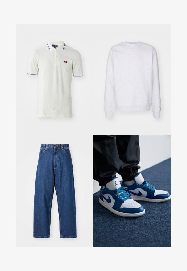 Sweatshirt gris clair avec un col rond, des manches longues, des poignets côtelés et un petit logo brodé près de l'ourlet. Fabriqué en tissu doux.; T-shirt polo blanc avec une patte de boutonnage à deux boutons, ornée de rayures bleues et violettes sur le col et les manches, et un petit logo brodé.; Jean large en denim bleu foncé. Présente une taille haute, des passants de ceinture et un design classique à cinq poches. Ourlet piqué avec une finition soignée.; Les baskets Nike Air Jordan présentent une base en cuir blanc avec des accents en synthétique bleu, une boîte à orteils perforée et des lacets bleus.