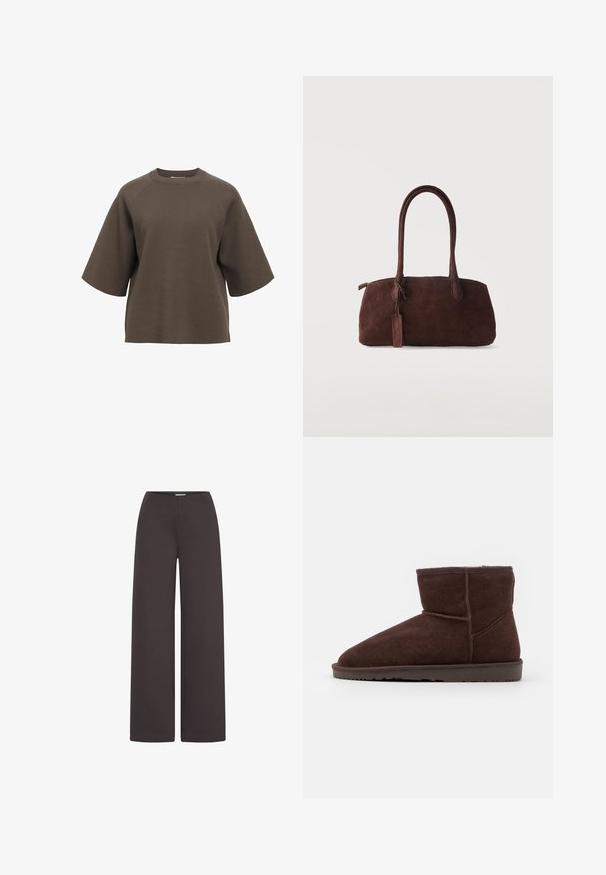 Kortærmet, rundhalset brun sweatshirt. Fremstillet af blødt stof med en afslappet pasform og raglanærmer for komfort. Ingen synlige mønstre.; ICHI IHKATE WIDE PA2 - Bukser - chocolate torte; Brune ruskindsankelstøvler med en afrundet tå og blødt indre for, der har en flad gummisål og tonale stikninger.; Mørkebrun ruskindshåndtaske med to lange håndtag og en lille fastgjort tag, sat mod en ensfarvet lys baggrund.