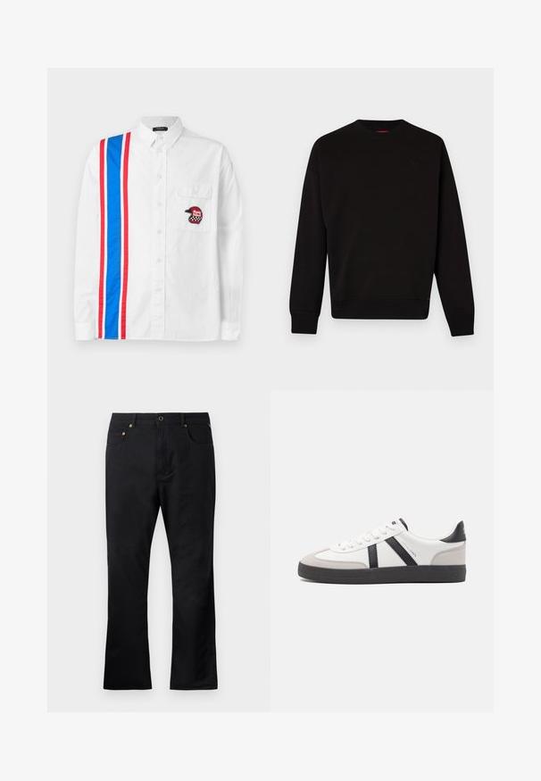 Schwarzer Pullover aus weichem Stoff mit Rundhalsausschnitt, gerippten Bündchen und Saum sowie einem dezenten Logo auf der Brust.; Weißes Button-up-Hemd mit einem blau-roten Streifenmuster auf einer Seite und einem schwarzen bestickten Helm-Patch auf der Brusttasche.; Schwarze Jeans mit geradem Schnitt, ausgestattet mit Fronttaschen, einem Knopfverschluss und goldfarbenen Hardware-Details. Glatte Textur.; Weiße Sneaker mit schwarz- und grau-aczenten, ausgestattet mit einer strukturierten grauen Zehenkappe, schwarzer Gummi-Sohle und flachen weißen Schnürsenkeln. Sauberes Design, minimalistische Stil.