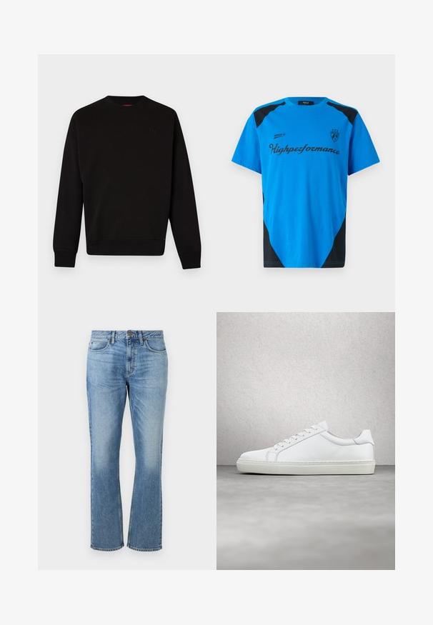 Čierna mikina z mäkkej látky, s okrúhlym výstrihom, ribovanými manžetami a lemom, s diskrétnym logom na hrudi.; Replay SHORT SLEEVE GRAPHIC - Tričko s potlačou - azzurro; Svetlomodré džínsy s rovnom nohou, s predným zapínaním na gombík, piatimi vreckami a vyblednutými miestami pre textúru.; Biele tenisky s hladkým koženým zvrškom a nízkym profilom. Majú zaoblenú špičku, šesť očiek a štruktúrovanú gumovú podrážku.
