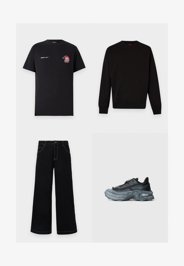 Sudadera negra de tejido suave, con cuello redondo, puños y dobladillo acanalados, y un sutil logo en el pecho.; Replay SHORT SLEEVE GRAPHIC - Camiseta estampada - black; Pantalones de mezclilla negros de pierna ancha, con cierre de botón, cinco bolsillos y costuras en contraste de color blanco a lo largo de las costuras.; Zapatilla Diesel en negro y gris con suela gruesa, cierre de cordón y diseño texturizado sobre un fondo liso de color gris claro.
