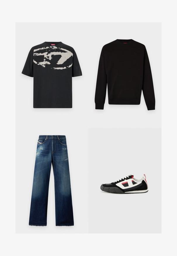 Schwarzer Pullover aus weichem Stoff mit Rundhalsausschnitt, gerippten Bündchen und Saum sowie einem dezenten Logo auf der Brust.; Schwarzes T-Shirt mit einem großen, abstrakten hellgrauen Grafik auf der Vorderseite. Mit kurzen Ärmeln und einem klassischen, runden Halsausschnitt. Aus Baumwolle.; Weite Jeans aus Denim in Dunkelblau mit ausgebleichten Stellen, abgenutzten Details und fransigen Säumen. Vier Taschen und ein Knopfverschluss.; Diesel S PAGODHA LOW - Sneaker low - black