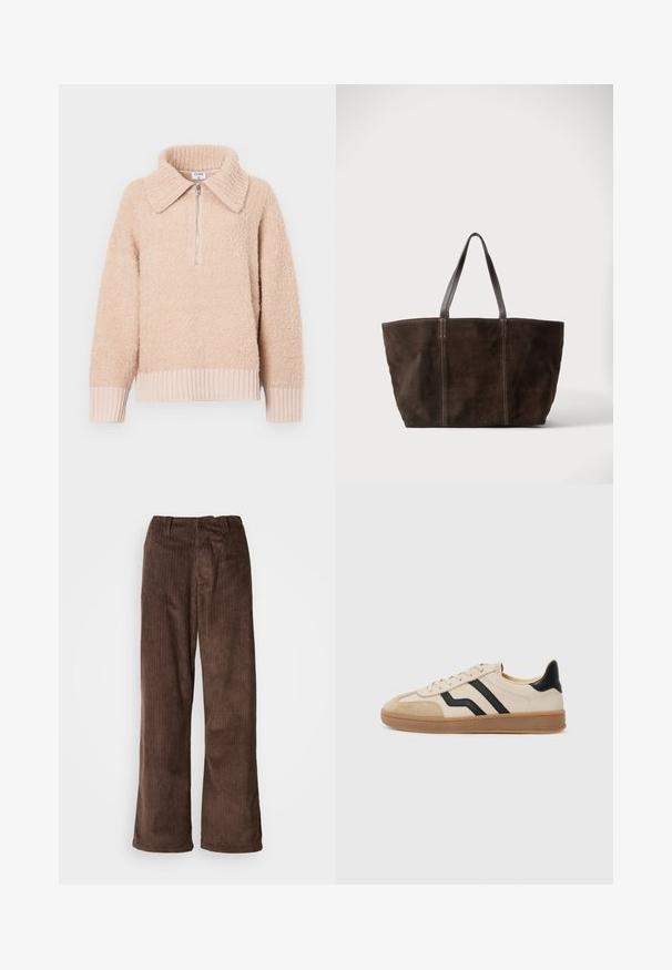Beige fleece pullover met een kraag en een halve rits. Ribgebreide manchetten en zoom. Zachte textuur met een gezellige uitstraling.; Bruine corduroy broek met een wijd beenontwerp, met verticale ribbels en een tailleband. De stof heeft een zachte, gestructureerde uitstraling.; Beige sneaker met zwarte strepen, suède neus en hiel accenten, textuur rubberen zool en platte veters. Minimalistisch ontwerp en neutrale kleuren.; Donkerbruine suède draagtas met twee zwarte leren handvatten en verticale stikseldetails, afgebeeld tegen een effen lichte achtergrond.