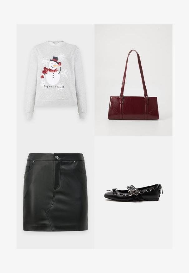 Sweatshirt gris clair avec un graphisme de bonhomme de neige portant une écharpe rouge pailletée, un chapeau noir et le texte imprimé "Fais-moi un câlin... j'ai froid." Accents de flocons de neige.; Mini-jupe en simili cuir noir avec un bouton à l'avant, fermeture éclair, poches avant et arrière, et détails de couture.; Chaussure de ballet plate noire avec doubles brides à boucle, œillets argentés et petit nœud près de l’orteil arrondi sur fond blanc.; Sac à main bordeaux en matériau brillant, de forme rectangulaire, avec deux anses et des accents légèrement courbés à l'avant.