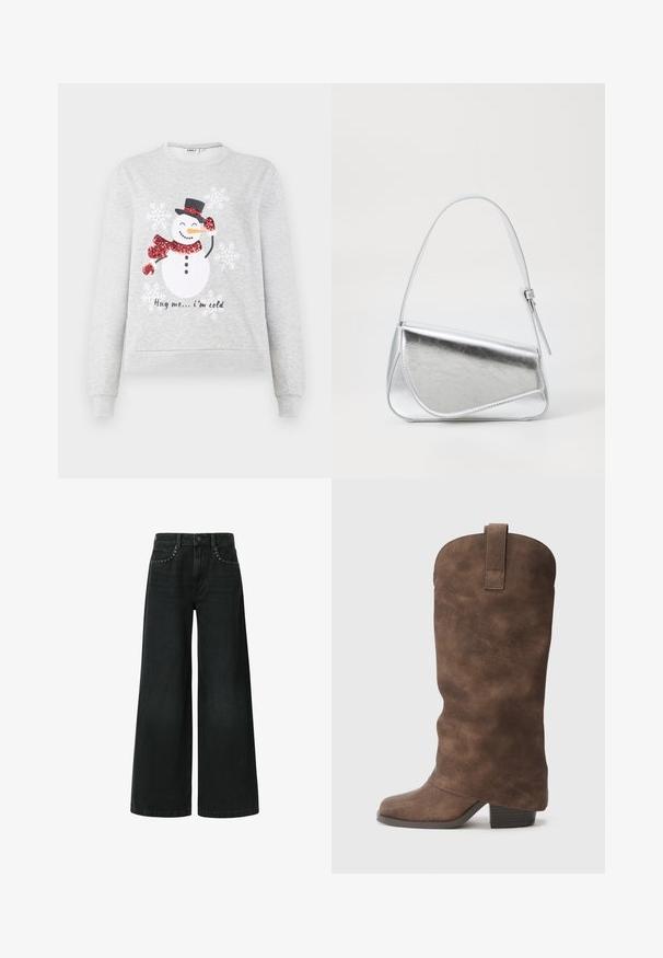 Hellgraues Sweatshirt mit einem Schneemann-Graphic, der einen mit Pailletten besetzten roten Schal und einen schwarzen Hut trägt, sowie dem aufgedruckten Text "Umarm mich... ich friere." Schneeflocken-Akzente.; Weite schwarze Jeans aus Denim, mit einem klassischen Fünf-Taschen-Design und dekorativen Nieten in der Nähe der vorderen Taschen.; Braune synthetische kniehohe Stiefel mit runder Spitze und Blockabsatz, die über eine glatte Textur und eine Schlaufe an der Oberseite verfügen.; Silberfarbene metallische Handtasche mit dreieckiger Form, glatter Textur und einem dünnen, verstellbaren Schultergurt. Sie verfügt über ein umklappbares Design mit Nähten.