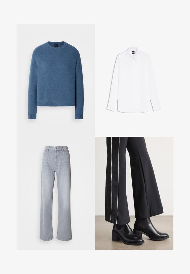 Suéter azul acogedor hecho de un tejido suave, con un cuello y puños acanalados, con un corte relajado y una textura sutil.; Camisa blanca de vestir de manga larga con cuello puntiagudo y tapeta de botones oculta, etiquetada "BOSS" en el cuello.; Jeans de pernera ancha en gris claro, con cintura alta, hechos de denim. Presentan bolsillos frontales, cremallera y un leve desvanecimiento por toda la prenda.; Botines de cuero negro con tacón cuadrado, con paneles laterales elásticos. Combinados con pantalones negros que tienen una franja blanca lateral.