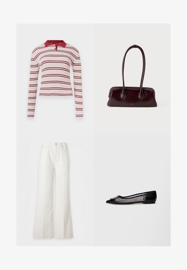Top de manga larga de color rosa claro con costillas y rayas horizontales granate, cuello tipo polo y una tapeta con tres botones. La textura parece suave y elástica.; Pantalones blancos de pierna ancha y talle alto, con bolsillos delanteros, cierre de botones y costuras verticales visibles a lo largo de las piernas.; Zapato plano negro con puntera afilada, que presenta una parte superior de malla, un acento redondeado en la parte delantera y un tacón bajo.; Bolso de mano de cuero marrón oscuro brillante con asas largas y finas y una base rectangular estructurada sobre un fondo claro y liso.