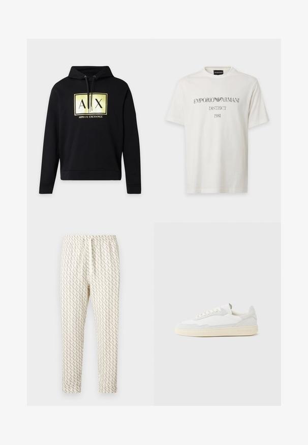 Sort hættetrøje med snore og et stort gyldent Armani Exchange-logo med "A" og "X" på brystet.; Hvid t-shirt med korte ærmer med sort "EMPORIO ARMANI DISTRICT 1981" tekst og logo centreret på brystet.; Lys cremet joggingbukser med et gentaget brunt A-mønster over det hele, med elastisk taljebånd og justerbar snøre.; Hvid sneakers med en øvre del i tekstureret ruskind og læder. Har rundet tå, snørelukning og kontrasterende beige gummisål.