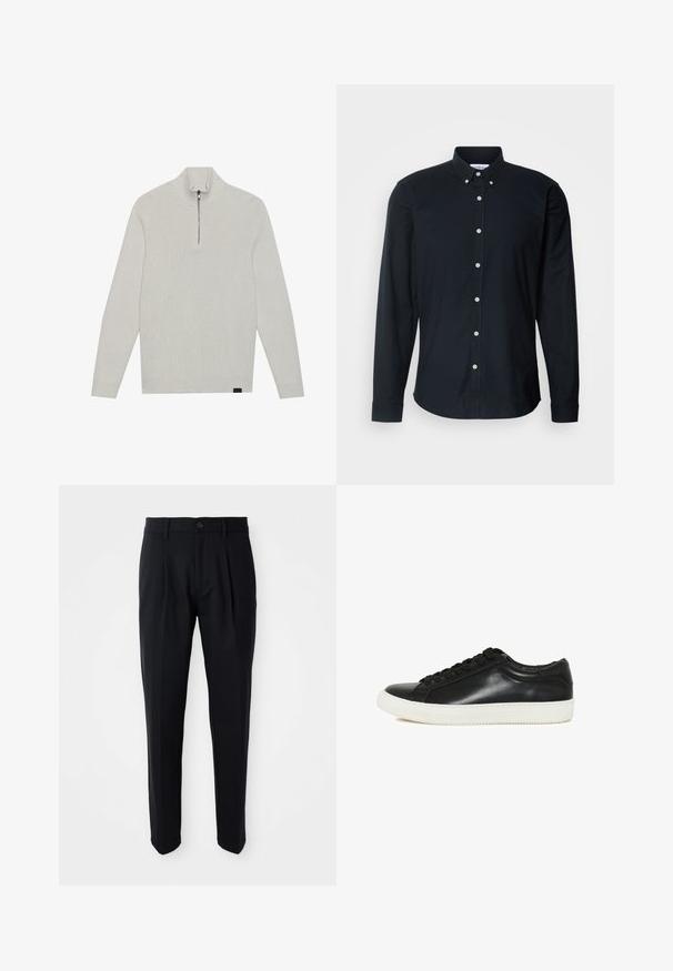 Lys grå ribbet langærmet sweater med halv lynlås krave og et lille sort label nær bunden af kanten.; Sort langærmet skjorte med knapper i bomuld, med spids krave, hvide knapper og en lige kant med knappede manchetter.; Sorte skræddersyede bukser med frontfald, knaplukning og bæltestropper, præsenteret på en hvid baggrund.; Sort lavtop sneakers med glat læderoverdel, sorte snørebånd og tyk hvid gummisål, vist i profil på hvid baggrund.