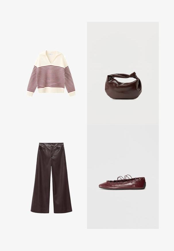 Kremfarvet sweater med vinrøde, vandrette striber, V-udskæring og bred krave. Ribstrikkede manchetter og kant giver tekstur til det strikkede stof.; Brune faux læder wide-leg bukser med høj talje, der har forlommer og klassisk knaplukning. Glat tekstur og mat finish.; Burgundy læder balletflade med spids tå, snøredetaljer foran, og sølvøjer. Blød sål for fleksibilitet og komfort.; Mørkebrun læder skuldertaske med en blød, afslappet form og et snoet knudehåndtag på en ensartet hvid baggrund.