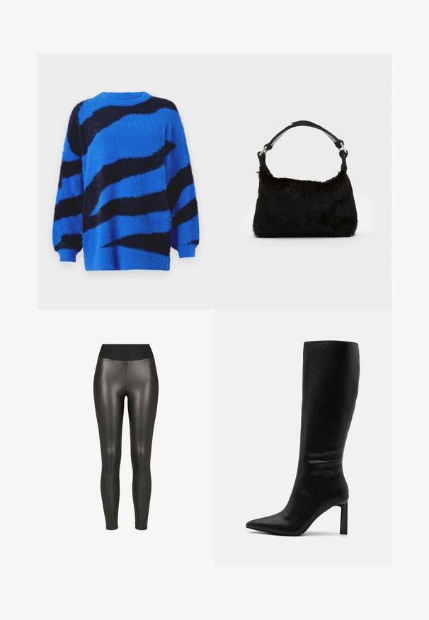 Blå og sort stribet fuzzy sweater med rund halsudskæring og lange, let på puffede ærmer. Blød tekstur, afslappet pasform.; Sorte højtaljede leggings i kunstlæder med en glat, skinnende finish og ankellængde på en hvid baggrund.; Even&Odd by Zalando Høje støvler/ Støvler - black; Sort faux fur håndtaske med en blød tekstur, rund form og en robust skulderrem i sort læder. Synlige sølvhardware-detaljer.