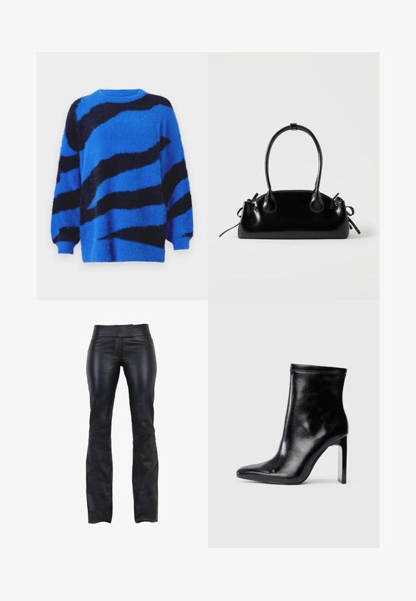 Blå og sort stribet fuzzy sweater med rund halsudskæring og lange, let på puffede ærmer. Blød tekstur, afslappet pasform.; Sorte læderbukser med slim fit, flad talje og udskæring i bunden. Glat tekstur og minimalistisk design uden synligt hardware.; Sorte læder ankelstøvle med spidse tæer og høj klar hæl. Glat tekstur og minimal syning på overmaterialet.; Lille sort blank håndtaske med to lange håndtag og snøre-detaljer i siden på en ensfarvet lys baggrund.