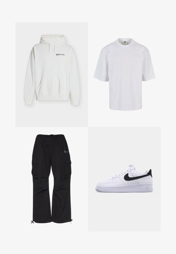 Hvid hættetrøje lavet af blødt stof, med en kengurulomme, snørelukning i hætten og sort tekstgrafik på brystet.; Hvid, kortærmet t-shirt lavet af bomuld. Har rund halsudskæring og løs pasform med en glat tekstur og ingen synlige mønstre eller grafik.; Sorte cargobukser lavet af letvægtsstof, med elastisk talje med snøre, sidelommer og justerbare manchetter.; Hvide lædersneakers med en struktureret sort Swoosh, flade snørebånd og en gummisål med et rillemønster. "AIR" er præget på hælen.
