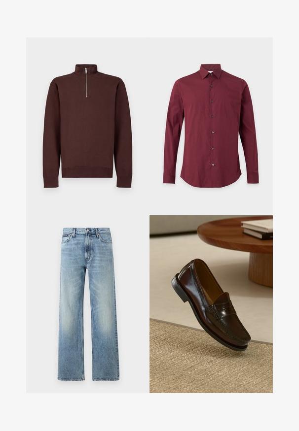 Brun sweatshirt med lynlås ved halsen og lange ærmer, lavet af blødt stof, med et diskret logo på brystet samt ribkanten ved ærmer og bund.; Herre langærmet skjorte med knapper i ensfarvet bordeaux med klassisk krave, vist på en enkel lys baggrund.; Lyseblå denim jeans med lige ben, højt talje, fem lommer, knaplukning og diskrete falmede områder på lår og knæ.; Brune læder loafers med en blank overflade, der har en syet detalje over fronten og en lavprofil sort gummisål.
