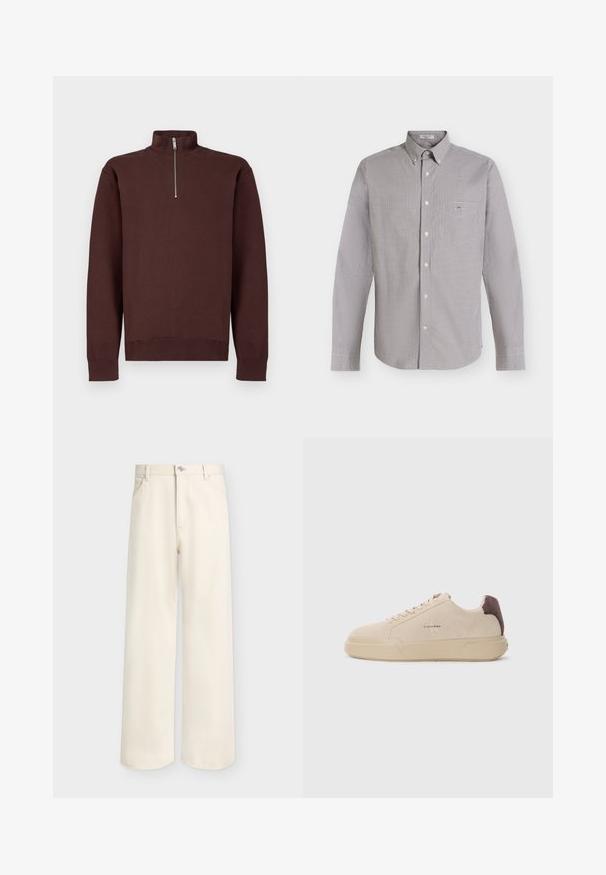 Sweat-shirt marron à col zippé avec manches longues, fabriqué en tissu doux, avec un logo discret sur la poitrine, et des poignets et un bas côtelés.; Chemise à manches longues boutonnée avec petit motif à carreaux noir et blanc et une poche poitrine sur fond clair.; Pantalon large couleur blanc cassé avec bouton et fermeture éclair à l'avant, passants pour ceinture et deux poches avant, présenté sur un fond uni.; Baskets en daim beige avec un bout rond, lacets à l'avant et un accent en daim marron sur le talon. Dotées d'une semelle en caoutchouc texturé.