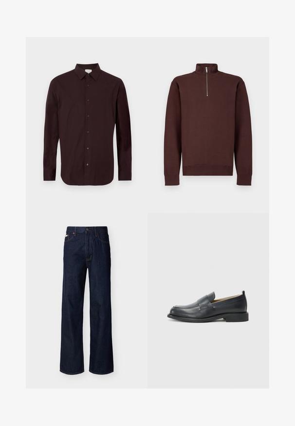 Sweat-shirt marron à col zippé avec manches longues, fabriqué en tissu doux, avec un logo discret sur la poitrine, et des poignets et un bas côtelés.; Chemise à manches longues couleur bordeaux en tissu lisse. Dotée d'un col boutonné et de cinq boutons noirs sur le devant. Logo discret sur la poitrine.; Jean droit en denim bleu foncé avec design à cinq poches et fermeture par boutons, présenté sur un fond clair uni.; Mocassins en cuir noir avec une finition lisse, une semelle plate et un bout arrondi, ornés d'une sangle décorative sur le dessus.