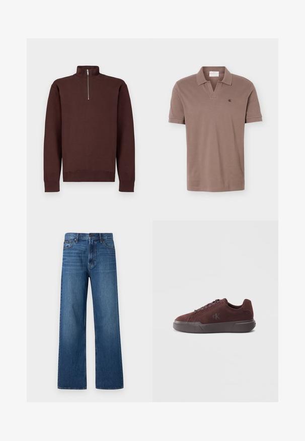 Brun sweatshirt med lynlås ved halsen og lange ærmer, lavet af blødt stof, med et diskret logo på brystet samt ribkanten ved ærmer og bund.; Brun kortærmet polo med åben krave og lille sort "ck" logo på venstre bryst mod en ensfarvet baggrund.; Blå, højtaljede, straight-fit jeans med knapper og lynlås foran, fem lommer og en lille mærket patch på højre lomme.; Burgunderfarget ruskindssneaker med gummisål, der har runde snørebånd og en subtil præget logo på siden til branding.