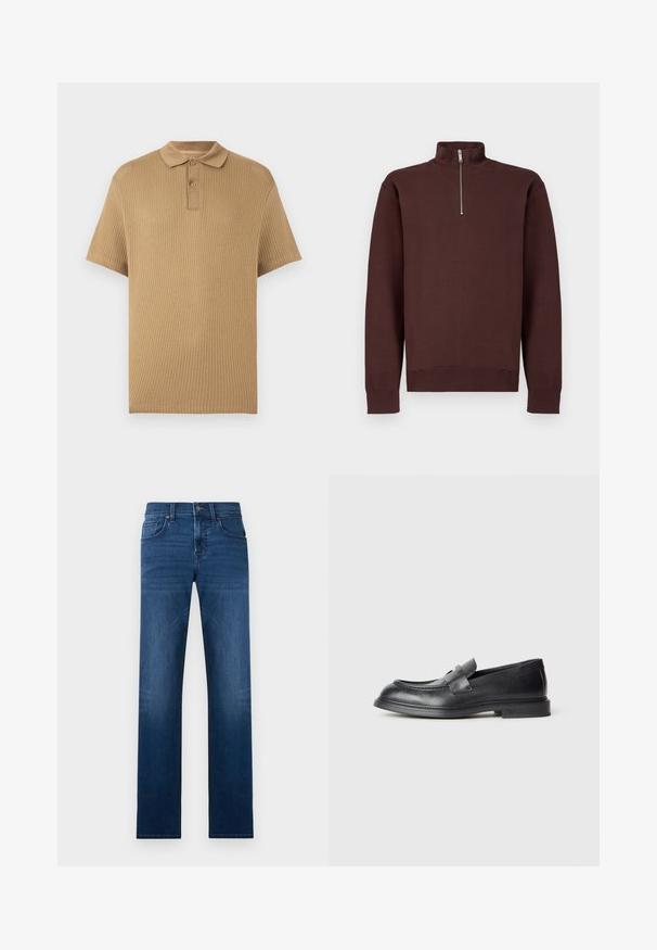 Sweat-shirt marron à col zippé avec manches longues, fabriqué en tissu doux, avec un logo discret sur la poitrine, et des poignets et un bas côtelés.; Polo en maille beige à manches courtes avec motif texturé, patte de boutonnage à deux boutons et col classique sur fond blanc.; Jeans en denim bleu foncé avec une coupe droite, comportant cinq poches, une fermeture à bouton à l'avant et des détails de décoloration subtils.; Mocassins en cuir noir avec une finition texturée, dotés d'une bride décorative à l'avant et d'un bout arrondi. Semelle en caoutchouc pour plus de durabilité.