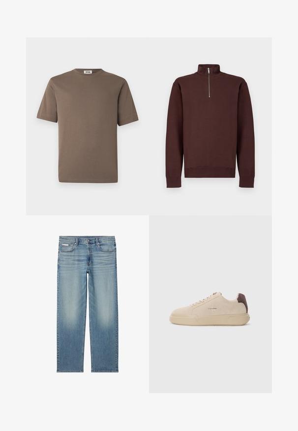 Sweat-shirt marron à col zippé avec manches longues, fabriqué en tissu doux, avec un logo discret sur la poitrine, et des poignets et un bas côtelés.; T-shirt en coton marron à manches courtes, col rond et texture lisse. Présente un ourlet droit et un design minimaliste.; Jean droit en denim bleu clair avec détails délavés, bouton et fermeture éclair devant, et design à cinq poches incluant une petite étiquette Calvin Klein sur la poche.; Baskets en daim beige avec un bout rond, lacets à l'avant et un accent en daim marron sur le talon. Dotées d'une semelle en caoutchouc texturé.