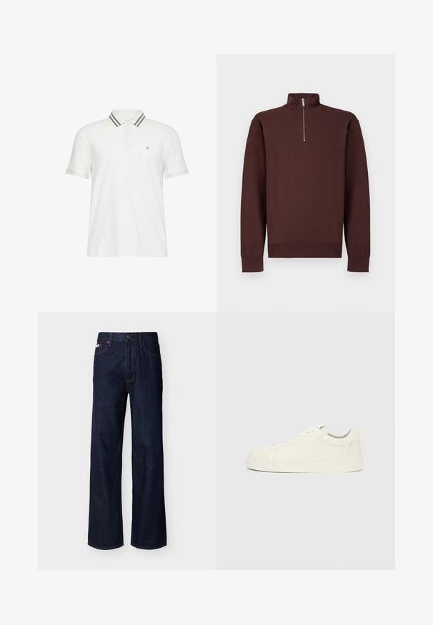 Sweat-shirt marron à col zippé avec manches longues, fabriqué en tissu doux, avec un logo discret sur la poitrine, et des poignets et un bas côtelés.; Polo blanc à manches courtes avec col rayé gris et petit logo "cK" sur la poitrine gauche.; Jean droit en denim bleu foncé avec design à cinq poches et fermeture par boutons, présenté sur un fond clair uni.; Baskets basses en cuir blanc avec fermeture à lacets et semelle plate sur fond gris clair uni, vue latérale.