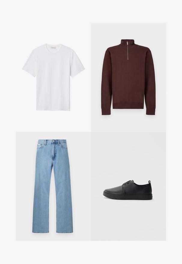 Brun sweatshirt med lynlås ved halsen og lange ærmer, lavet af blødt stof, med et diskret logo på brystet samt ribkanten ved ærmer og bund.; Hvidt ensfarvet T-shirt med korte ærmer og rund hals, med lille præget logo på venstre bryst og mærke indeni kraven.; Lyseblå straight-leg jeans i denim med fem-lomme-design og knaplukning i taljen, vist mod en ensfarvet baggrund.; Sorte lædersneakers med en glat finish, rund tå, tonalt syning, snøring foran og en flad gummisål. Løkke ved hælen.