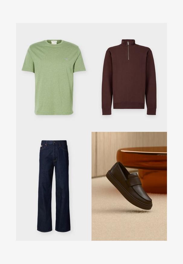 Sweat-shirt marron à col zippé avec manches longues, fabriqué en tissu doux, avec un logo discret sur la poitrine, et des poignets et un bas côtelés.; T-shirt en coton vert clair à manches courtes, col rond et petit logo brodé sur la poitrine gauche.; Jean droit en denim bleu foncé avec design à cinq poches et fermeture par boutons, présenté sur un fond clair uni.; Une chaussure mocassin en cuir marron foncé flottant au-dessus d'un tapis crème avec une table ronde orange en arrière-plan.