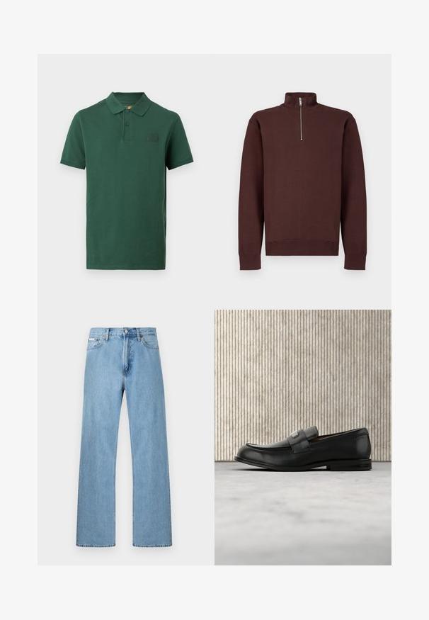 Sweat-shirt marron à col zippé avec manches longues, fabriqué en tissu doux, avec un logo discret sur la poitrine, et des poignets et un bas côtelés.; Polo à manches courtes vert foncé avec deux boutons et un petit patch logo Timberland sur la poitrine gauche.; Jean en denim bleu clair coupe droite à cinq poches avec fermeture à boutons à la taille, présenté sur un fond uni.; Mocassin en cuir noir avec une plaque de marque en métal reposant près d'une table ronde marron sur un sol recouvert de moquette beige.