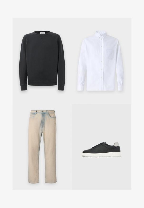 Sweatshirt noir à manches longues, col rond, avec des poignets et un ourlet côtelés, un détail de point en V subtil sous le col, et une étiquette de la marque à l'intérieur du col.; Chemise blanche à manches longues avec boutons en coton, présentant une poche poitrine avec broderie ton sur ton, un col et des poignets boutonnés.; Jean en denim beige clair avec une coupe droite, des accents bleu délavé, cinq poches et une fermeture à bouton à la taille.; Baskets basses noires avec semelle blanche et languette grise au talon, vue de profil sur un fond blanc uni.