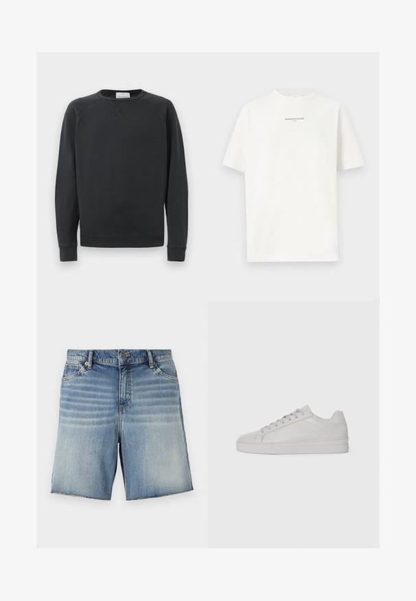 Musta pitkähihaisen crewneck-hupparin, jossa on ribbireunat hihoissa ja helmassa, hienovarainen V-ommeltaito kauluksen alla sekä brändilogo kaula-aukossa.; Valkoinen lyhythihainen T-paita, jossa "MAISON KITSUNÉ PARIS" on painettu pienillä mustilla kirjaimilla rinnan keskelle.; Vaaleansiniset farkkushortsit, joissa on haalistunut design, viisi taskua ja raakareunat. Varustettu metallinappula- ja vetoketjukiinnityksellä.; Vaaleanharmaat nahkaurheilukengät, joissa on sileä pinta, pyöreä kärki, litteä kumipohja ja sävyyn sopivat nauhat. Sisältää minimaalista brändäystä kultaisena.