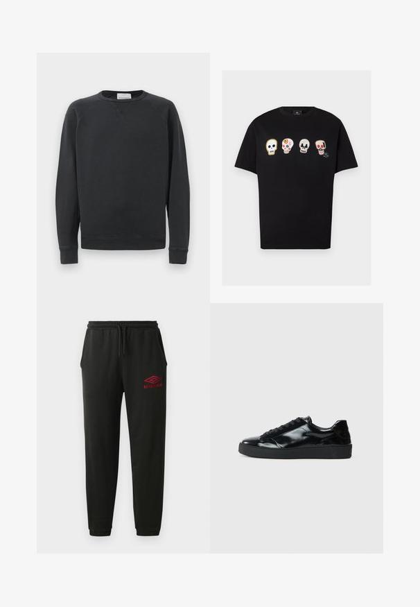 Sort langærmet crewneck sweatshirt med ribbede manchetter og kant, diskret V-syning under kraven og mærke etikette inden i halsudskæringen.; Sort t-shirt med korte ærmer med fire broderede farverige kranier, der er placeret vandret hen over brystet.; Sorte sweatpants med elastisk talje og manchetter, sidelommer og rødt Umbro-logo på venstre lår.; Sorte laklæder sneakers med rund tå, snørredesign, tekstureret gummisål og en glat overflade.
