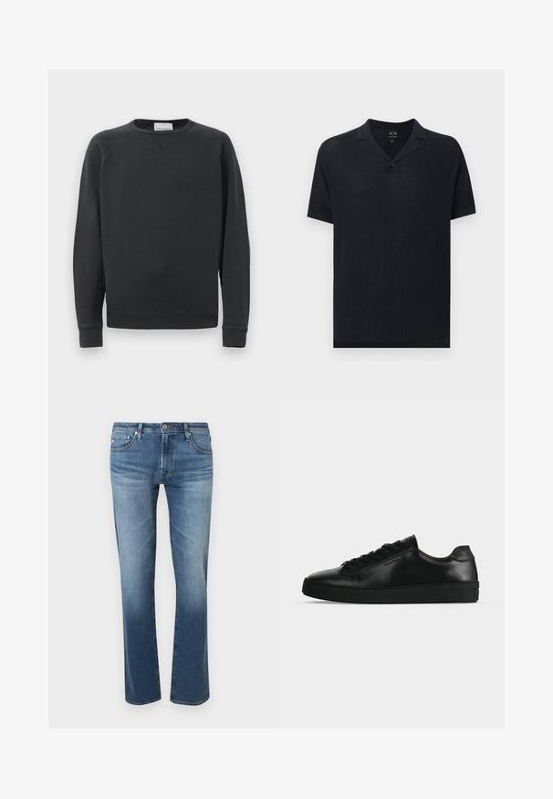 Sweatshirt noir à manches longues, col rond, avec des poignets et un ourlet côtelés, un détail de point en V subtil sous le col, et une étiquette de la marque à l'intérieur du col.; Polo noir à manches courtes avec texture tricotée, patte de boutonnage à un seul bouton et petit col, présenté sur un fond gris clair.; Jean bleu délavé pour homme, coupe droite, avec fermeture à boutons et zip à l'avant, poches avant et arrière, présenté sur fond blanc.; Basket basse en cuir noir avec lacets noirs et semelle épaisse noire, vue de profil sur fond gris clair.