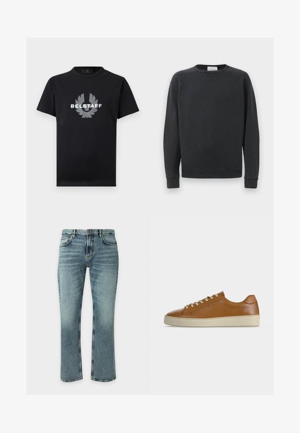 Sweatshirt noir à manches longues, col rond, avec des poignets et un ourlet côtelés, un détail de point en V subtil sous le col, et une étiquette de la marque à l'intérieur du col.; T-shirt noir à manches courtes avec col rond, orné d'un logo Belstaff argenté réfléchissant et d'un emblème ailé centré sur la poitrine.; Jean en denim bleu avec un lavage légèrement délavé, style classique à cinq poches, fermeture par boutons et coupe droite sur un fond uni.; Baskets basses en cuir marron avec lacets crème et semelle épaisse en caoutchouc crème, vues de profil sur fond blanc.