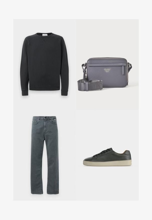 Schwarzes Langarm-Crewneck-Sweatshirt mit gerippten Bündchen und Saum, subtiler V-Stich unter dem Kragen und Markenetikett im Nacken.; Graue Jeans aus Denim mit geradem Bein, fünf Taschen und Knopfverschluss. Verfügt über dezente Nähte und ein klassisches, minimalistisches Design.; Schwarzer Low-Top-Lederschuh mit schwarzen Schnürsenkeln und cremeweißer Gummisohle, von der Außenseite vor weißem Hintergrund gesehen.; Dunkelgraue rechteckige Umhängetasche mit verstellbarem Riemen, vorderer Reißverschlusstasche und silbernem Logo-Emblem.