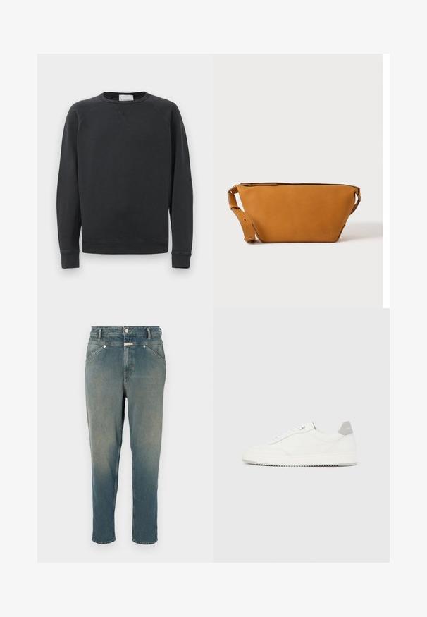 Must melange pikkade varrukatega crewneck sweatshird, millel on soonikust varrukate ja lõpp, peene V-õmbluse detail krae all ning brändi silt kaelas.; Faded sinine teksariie, sirge istuvus ja kõrge vöökohaga. Omab vöörihmasid, viit taskut ja metallist nuppudega sulgemist. Kergelt kulunud tekstuur.; Valge madala lõikega tennisking halli kandklambri, valgete paelte ja tekstuuriga tallaga, esitletud ühtlasel heledal taustal.; Helepruun nahast ristiaskott reguleeritava sangaga ja tõmblukuga sulgumisega, kujutatud ühevärvilise heleda tausta ees.