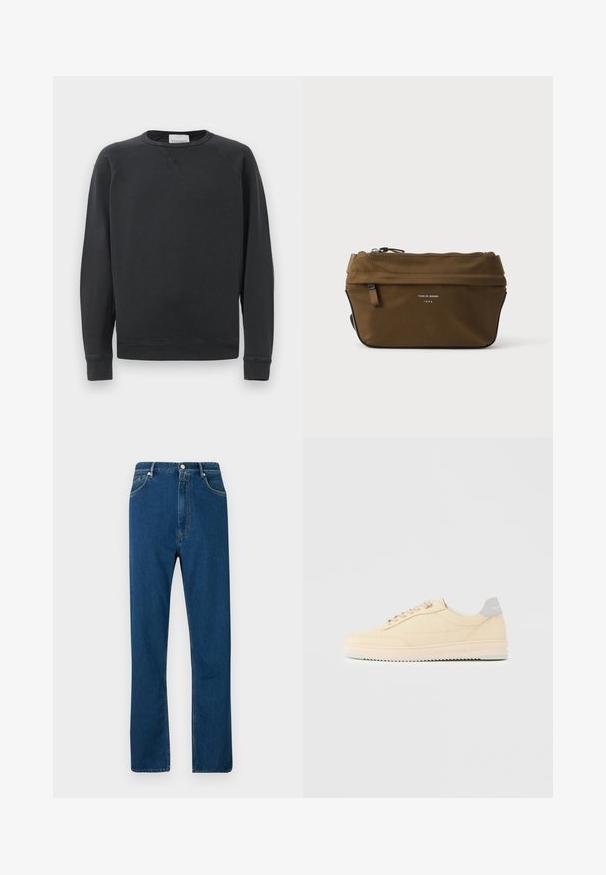 Sweatshirt noir à manches longues, col rond, avec des poignets et un ourlet côtelés, un détail de point en V subtil sous le col, et une étiquette de la marque à l'intérieur du col.; Jean en denim bleu avec une taille haute, une coupe droite, un style à cinq poches et des coutures orange contrastées. Texture lisse.; Baskets basses beige à lacets, semelle rose clair et languette grise à l'arrière marquée "Filling Pieces", vues de profil sur fond uni.; Trousse rectangulaire marron à fermeture éclair, avec petite poche avant et texte "Tiger of Sweden 1903" sur le devant.