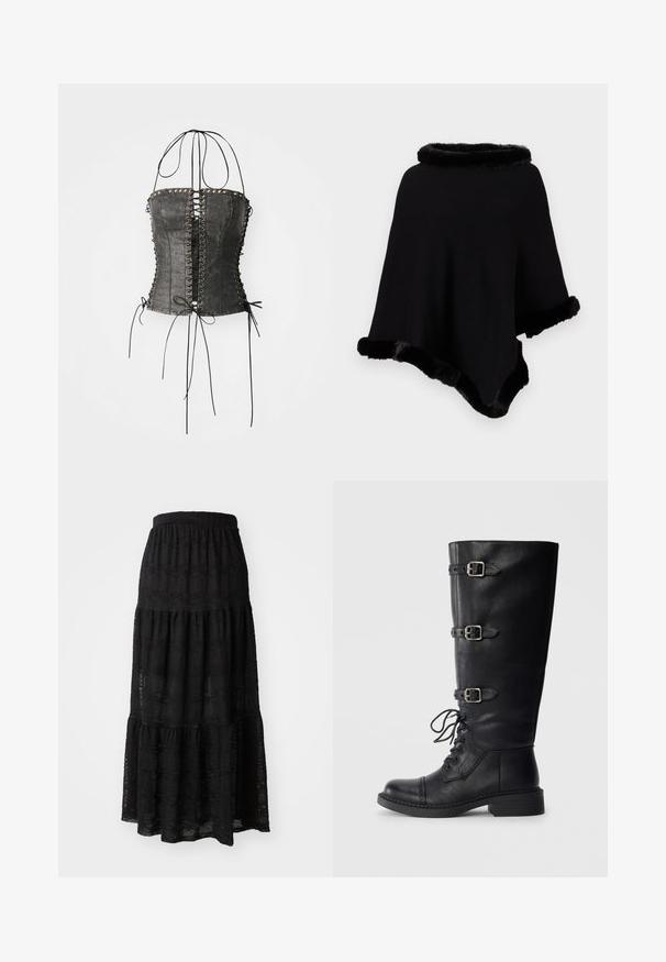 Cloak negru cu dantelă din blană artificială de-a lungul gulerului și marginii de jos, având un tiv asimetric în formă de vârf.; Jaded London LONGLINE LACE UP HALTER CORSET - Top - black; Fustă maxi neagră dintr-un material texturat, cu un design cu straturi, talie strânsă și modele subtile în valuri pe întreaga suprafață.; Botine negre din piele, până la genunchi, cu șireturi în față, trei accente cu catarame, vârf rotunjit și toc mic pătrat. Textură netedă cu finisaj mat.
