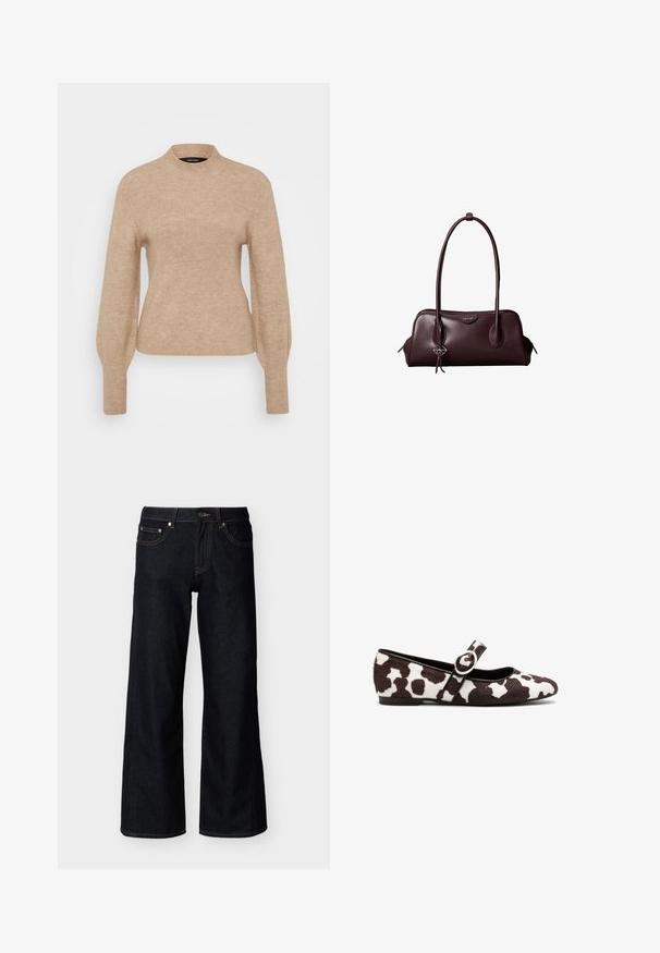 Beige gerippter Pullover mit hohem Kragen und langen Ärmeln, der eine weiche Textur und eine figurbetonte Form aufweist. Der Stoff wirkt leicht und warm.; Dunkelblaue Jeans mit weitem Bein, vorne mit Knopf, Reißverschluss und Fünf-Taschen-Stil auf hellem einfarbigem Hintergrund.; Ballettflats aus weißen und braunen Kuhfell mit rundem Zehenbereich und einem Riemen mit einer runden Schnallendetail. Flache Sohle.; Dunkelbraune Lederhandtasche von Calvin Klein mit langen doppelten Griffen und einem kleinen Logoanhänger, der an einem Griff hängt.