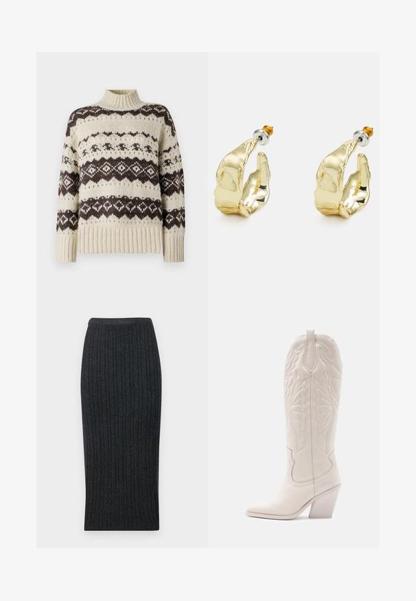 Vero Moda Knitted VMAMPLE Knitted - Striktrøje - birch; Mørkegrå ribbet strikket midikjole med en tætsiddende silhuet og elastisk talje. Har lodret ribbning for tekstur.; Hvide læder cowboystøvler med spidse tæer og blokhæle. Har intrikate syninger på skaftet og en glat tekstur.; Guldtonede øreringe formet som abstrakte hænder, med en skinnende overflade, intrikate detaljer og en sølv- og guldfarvet post til sikker fastgørelse.