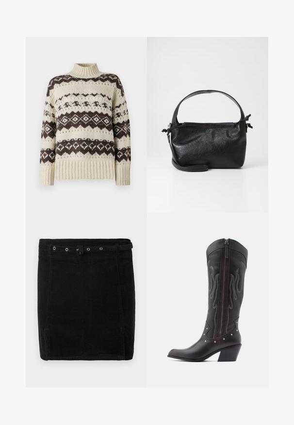 Vero Moda Knitted VMAMPLE Knitted - Striktrøje - birch; Sort fløjlsskjørt med en tætsiddende pasform, der har et bælte, sølvhardware og en diskret vertikal ribbeting. ; Brune læder cowboystøvler med flammebroderi, sidelukning med lynlås, sølvnitter, spids snude og lagdelt hæl.; Sort læderhåndtaske med et struktureret design, rund tophåndtag og aftagelig skulderrem. Den har en glat tekstur og en subtil glans.