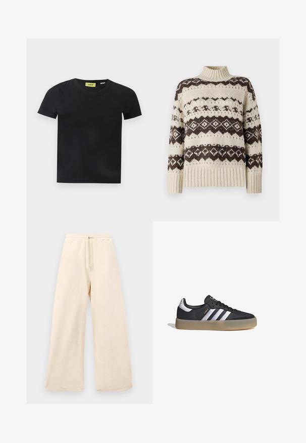 Vero Moda Knitted VMAMPLE Knitted - Jersey de punto - birch; Camiseta negra de manga corta y cuello redondo con una etiqueta amarilla dentro del cuello con la inscripción "JJXX" sobre un fondo blanco.; Pantalones de pierna ancha en un beige claro, hechos de una tela texturizada. Presentan una cintura elástica con un cordón. Diseño simple y sin adornos.; Zapatilla deportiva de cuero negro con tres rayas plateadas, punta texturizada y suela de goma. Cuenta con un collar acolchado y un diseño con cordones.