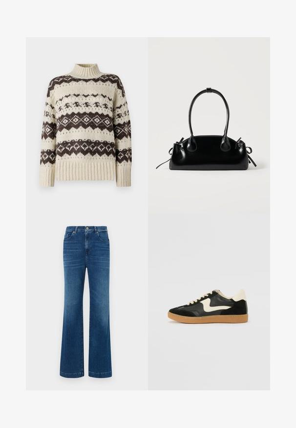 Vero Moda Knitted VMAMPLE Knitted - Pullover - birch; Jean en denim bleu à jambes larges avec une taille haute, cinq poches et un boutonnage classique. Le tissu a une texture douce et légèrement décolorée.; Baskets en daim et cuir noir avec un swoosh latéral crème et un talon crème clair. Dotées de lacets beige et d'une semelle en caoutchouc gomme.; Petit sac à main noir brillant avec deux longues anses et des détails à cordon sur les côtés sur un fond clair uni.