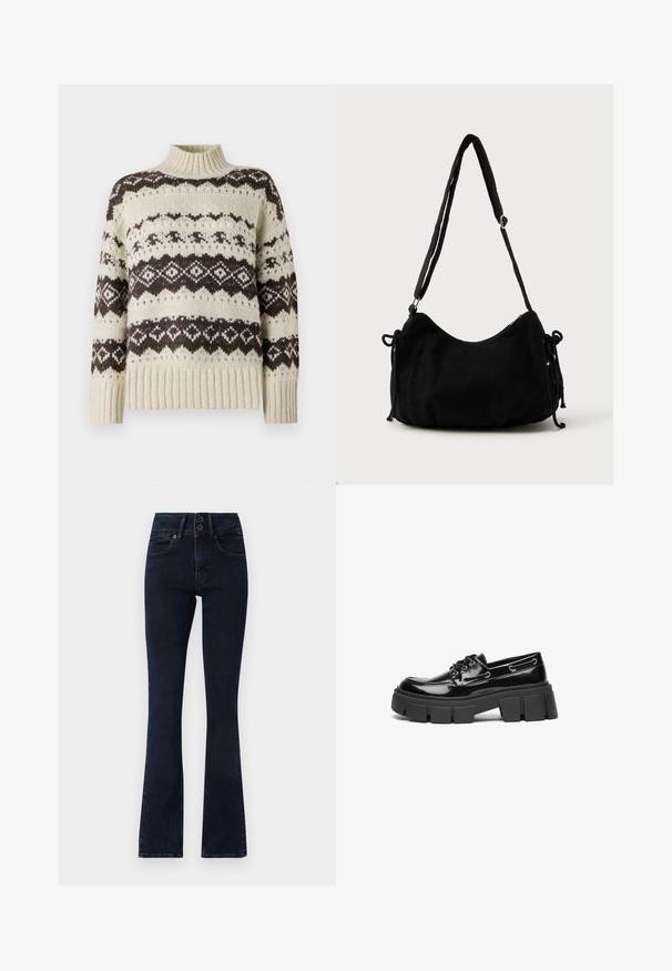 Vero Moda Knitted VMAMPLE Knitted - Pullover - birch; Jean évasé bleu foncé à taille haute, fermeture à deux boutons, cinq poches et texture denim lisse.; Mocassin en cuir verni noir avec une semelle plateforme épaisse noire et des œillets décoratifs. Texture lisse avec un bout arrondi et un détail de lacets.; Sac à épaule en velours côtelé noir avec une forme courbée, bandoulière réglable et fermetures à cordon des deux côtés pour un ajustement de taille.