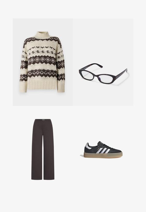 Vero Moda Knitted VMAMPLE Knitted - Jersey de punto - birch; ICHI IHKATE WIDE PA2 - Pantalones - chocolate torte; Zapatilla deportiva de cuero negro con tres rayas plateadas, punta texturizada y suela de goma. Cuenta con un collar acolchado y un diseño con cordones.; Gafas de estilo gato con un marco de plástico de carey oscuro brillante, con brazos curvados y lentes transparentes. Branding mínimo en el lateral.