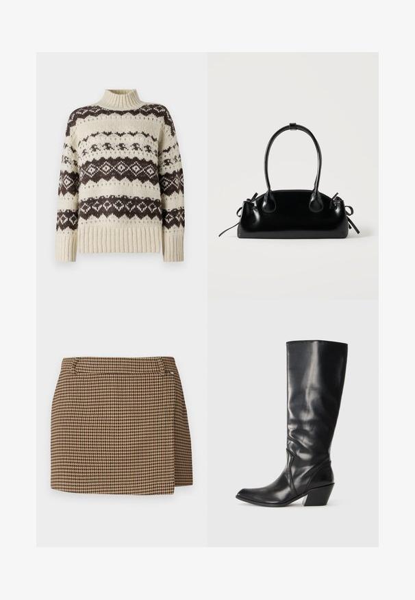 Vero Moda Knitted VMAMPLE Knitted - Striktrøje - birch; Brun og beige houndstooth-mønstereret miniskørt med en lille omslagseffekt og bæltestropper på en hvid baggrund.; Sorte læder knæhøje støvler med spids tå, vinklet hæl og glat tekstur. Funktioner en subtil syning langs siden.; Lille sort blank håndtaske med to lange håndtag og snøre-detaljer i siden på en ensfarvet lys baggrund.