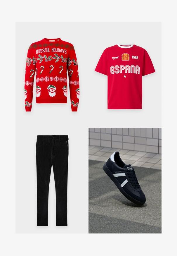 Suéter de punto rojo con el texto "VACACIONES FELICES", acebo verde, bastones de caramelo, copos de nieve y caras de Santa en acentos blancos y verdes.; Camiseta roja de manga corta con cuello blanco, con el escudo de armas de España, "ESPANA", "1982", una estrella y el texto "TOFFS Made in Great Britain".; Pantalones de pana negra con estrías verticales, que cuentan con cierre clásico de botón y cremallera, bolsillos laterales y piernas de corte recto.; Zapatilla de cuero negra con rayas blancas, suela de goma texturizada y parte frontal con cordones. Cuenta con una etiqueta de marca en la lengüeta.